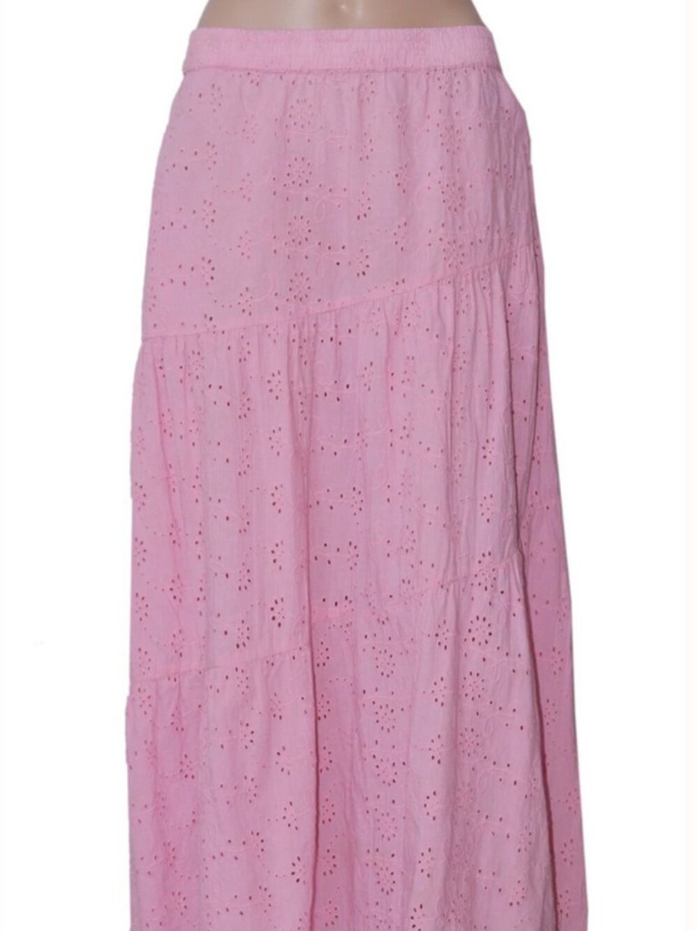 Free People Eyelet Embroidered Pink High Waist Pull On Summer Midi Skirt S